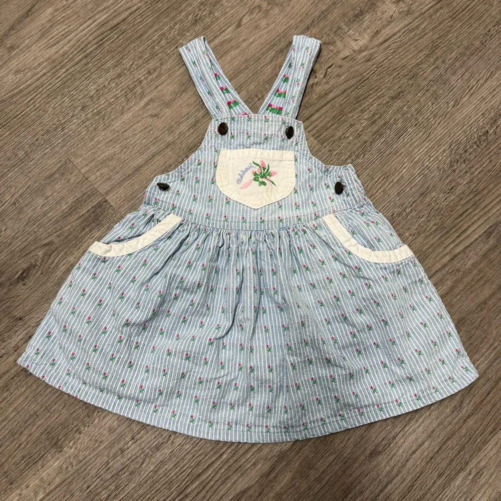 Vintage OshKosh Bgosh Girls 3T Striped‎ Seersucker Floral Jumper Dress Made USA